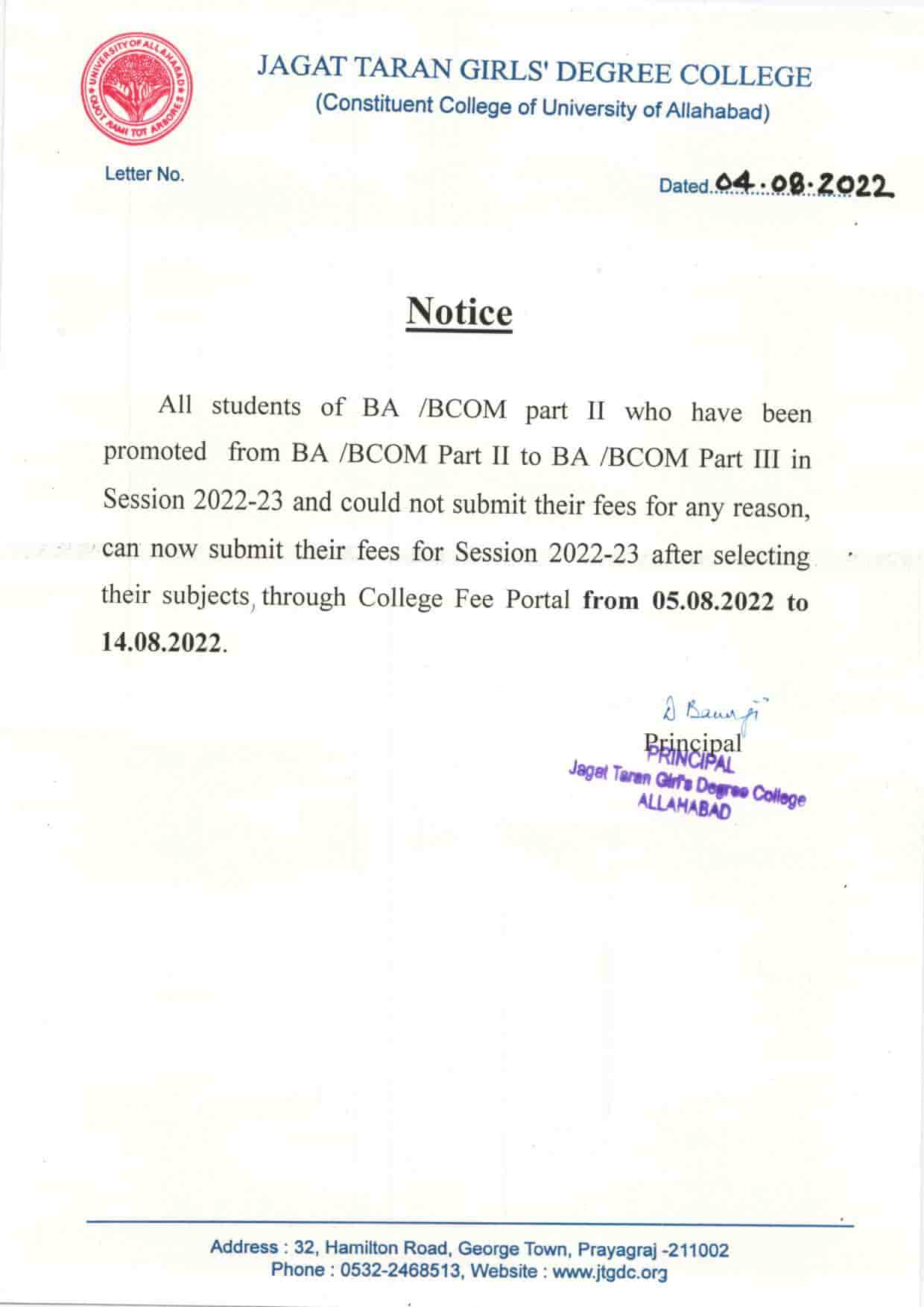Notice Fee payment of BA III & III (202223) JAGAT TARAN GIRLS