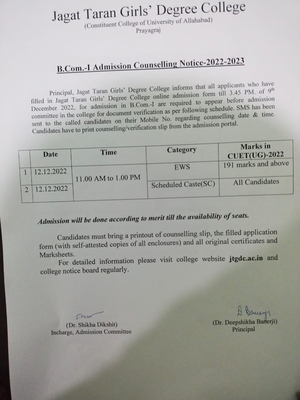 B Com I 2022 23 Counseling Verification Notice JAGAT TARAN GIRLS b-com-i-2022-23-counseling-verification-notice-jagat-taran-girls